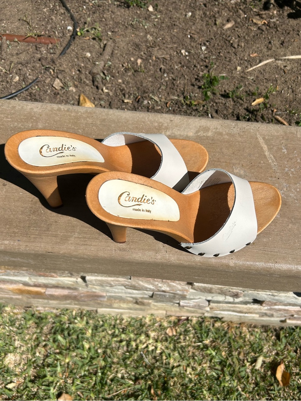 Candie's Cream Leather Slip-On Mule Heels with Wood-Look Heel - Picture 2 of 7